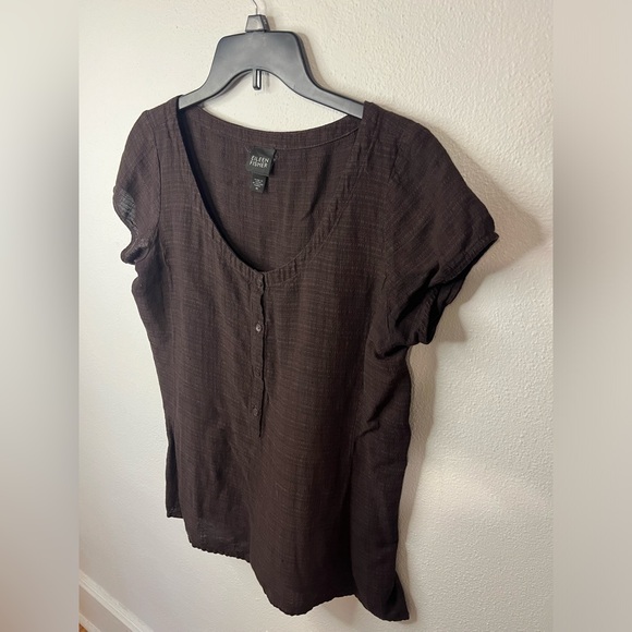 EILEEN FISHER Linen Blend Short Sleeve Half Button Brown Blouse Size Medium - Picture 2 of 7